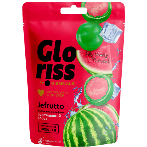 Жевательные конфеты в шоколаде со вкусом арбуза Gloriss 75гр х 16шт, Биеннале (Россия) Жевательные конфеты в шоколаде со вкусом арбуза Gloriss 75гр х 16шт, Биеннале (Россия)